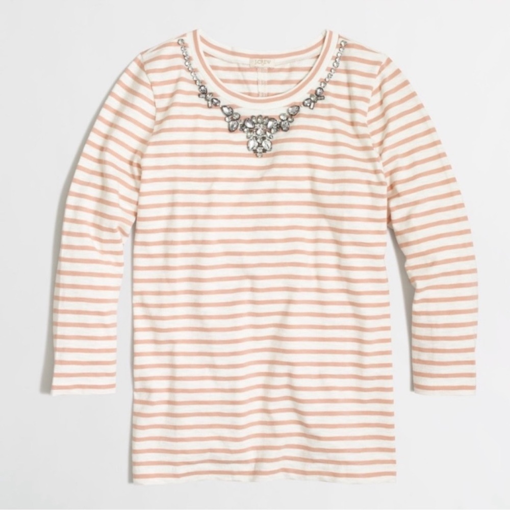 J. Crew Tan and Cream Striped Long Sleeve Tee with Jeweled Neckline T-S…